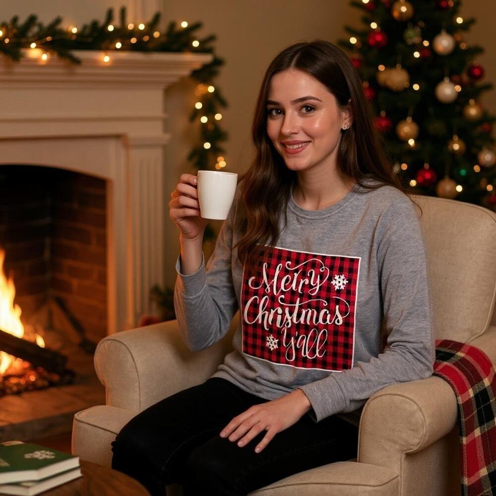 Merry Christmas Y'all Buffalo Plaid Lounge Top Gray Southern Grace Womens Small